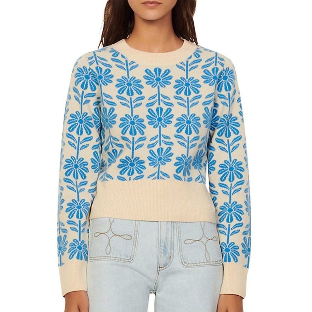 Sandro Wool Cashmere Hugues Floral Intarsia Knit Jacquard Super Soft CozyJumper